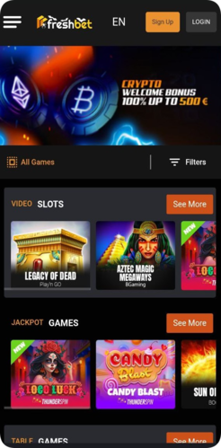 Game categories at Freshbet App
