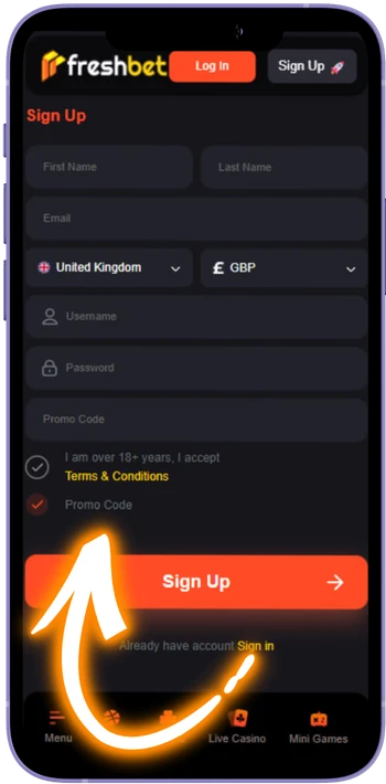 Freshbetloginapp code field